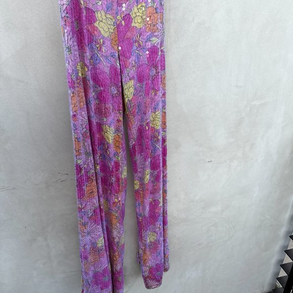 LoveShackFancy High Rise Flare Pants SZ S Purple Multi Floral in Sequins - Picture 2 of 4